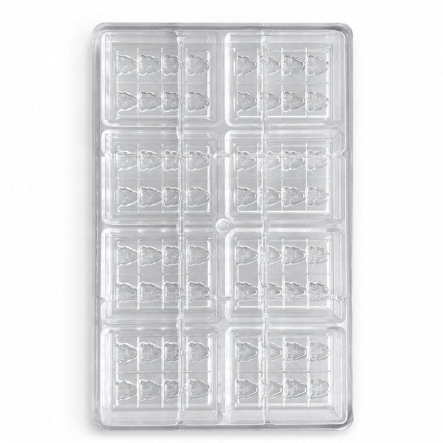 Clear custom polycarbonate chocolate mold with 64 tree-shaped cavities