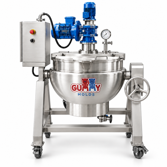 Front view of Gummy Molds 100L commercial gummy cooker with high-shear mixing system