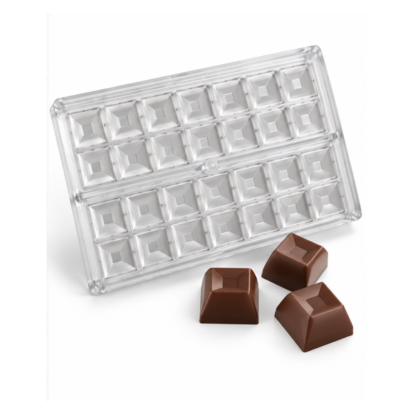 12g pyramid polycarbonate chocolate mold with 24 cavities and finished pyramid chocolates