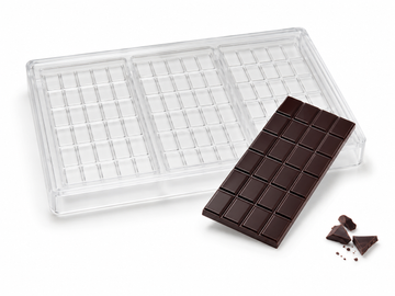 70g polycarbonate chocolate bar mold with 3 bar cavities and 20 break-apart pieces per bar